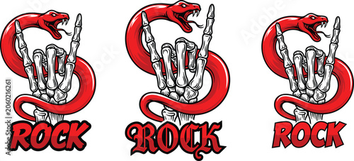 Fotografie Rock music emblem featuring skeletal hand gesture entwined with red serpent illustration artwork