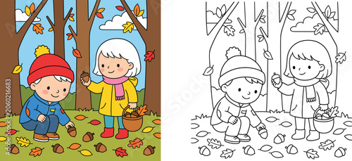 Children collecting acorns in autumn forest vector illustration with coloring page template, cute boy and girl gathering oak seeds in fall woods outline line art for kids activity.