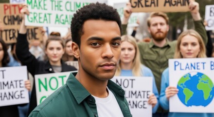 Young man in front of climate change protest with signs
