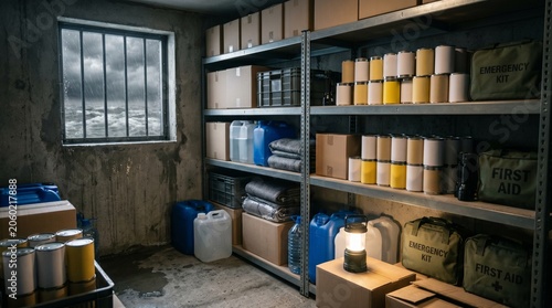 Emergency survival supplies stored in a concrete bunker with barred window.