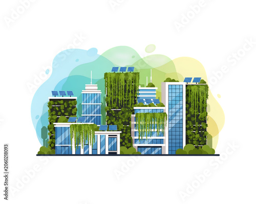 Green Smart City Skyline with Lush Vertical Gardens and Rooftop Solar Panels, Sustainable Urban Eco Architecture with Hanging Plants Flat Vector Illustration on Abstract Fluid Background