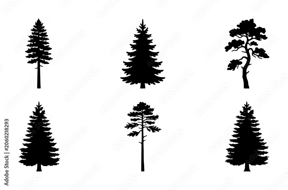 Obraz premium Coniferous Tree Silhouettes: Evergreen Forest Collection, Pine and Fir Vector Icons for Nature Design