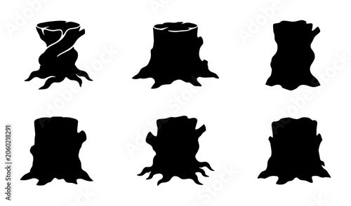 Foto Set of Six Black Silhouette Tree Stumps, Organic Wood Bases, Natural Forest Elem