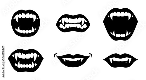 Vampire Fangs Vector Icons, Dracula Mouth Silhouettes, Spooky Halloween Teeth Graphics, Horror Bite Symbols, Black and White Monster Lips Set