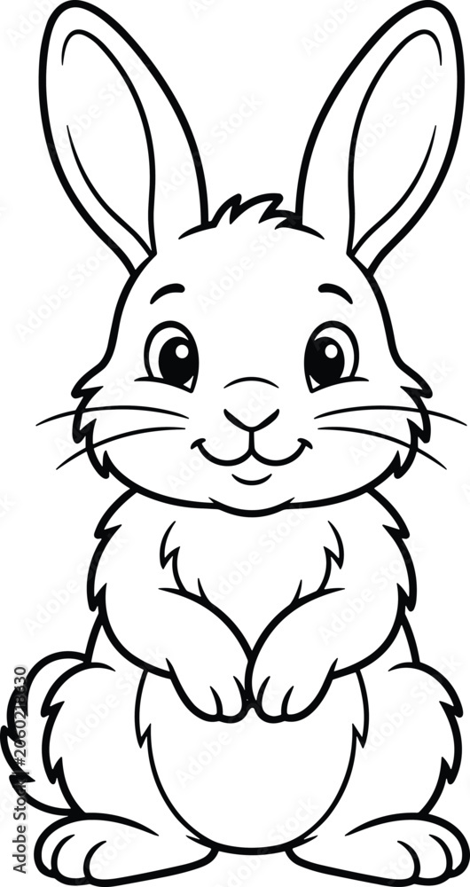 Fototapeta premium A cute cartoon bunny rabbit character sitting and smiling, vector line art coloring page illustration isolated on white background.