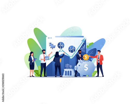 Diverse Business Team Investing in Green Renewable Energy Projects, ESG Finance and Sustainable Economy Growth Concept with Piggy Bank and Financial Dashboard Chart, Flat Vector Illustration