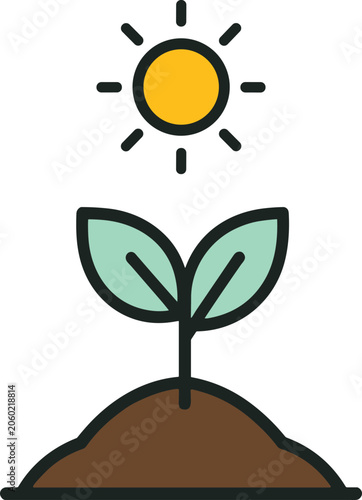 Plant Growth Icon with Green Sprout, Soil, and Sunlight Symbol Representing Agriculture, Gardening, Sustainability, and Eco Development