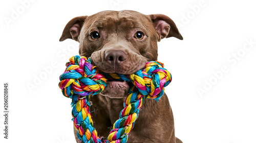 Quadro su tela Brown pit bull dog holding colorful rope toy in mouth