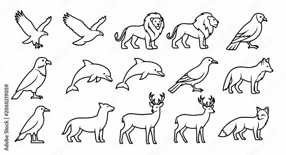 Fototapeta premium Set of animal line icons, including lion, eagle, dolphin, deer, wolf, and fox