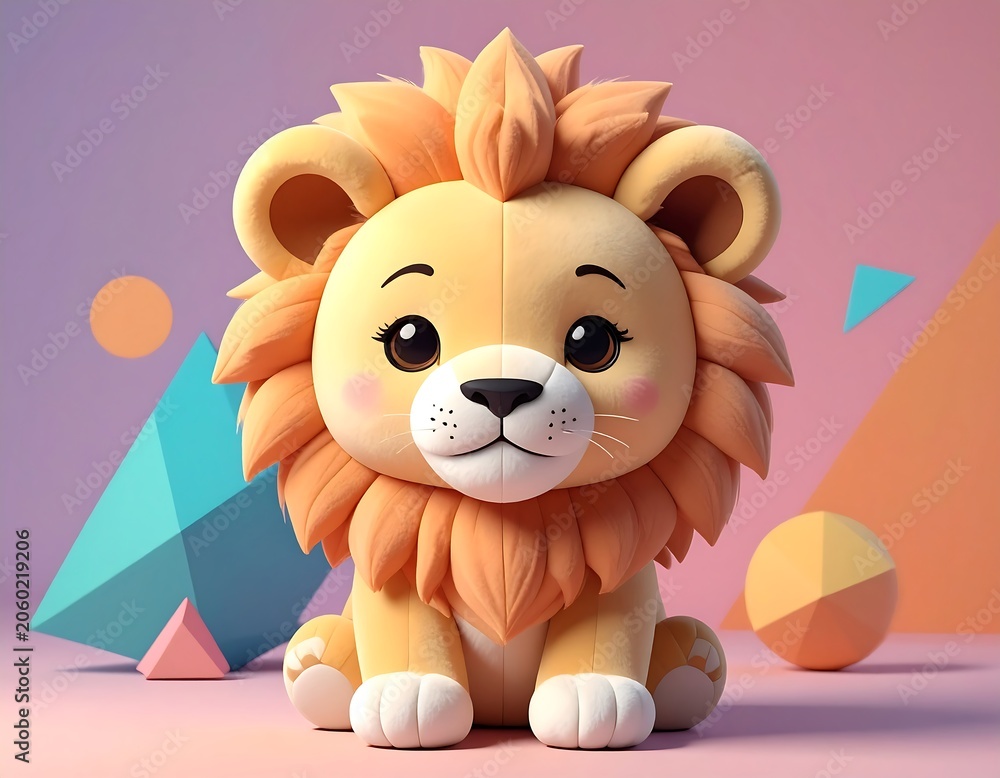 Obraz premium Cute 3 d cartoon lion cub sitting in front of colorful geometric shapes