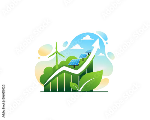 Rising Green Economy Growth Bar Chart with Upward Arrow, Solar Panels and Wind Turbine, ESG Investment and Sustainable Renewable Energy Progress Concept Flat Vector Illustration