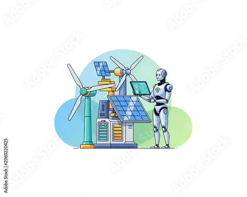 Artificial Intelligence Robot Controlling Renewable Energy Battery Station with Solar Panels and Wind Turbines, Smart Eco Power Management Line Art Vector isolated in transparent background