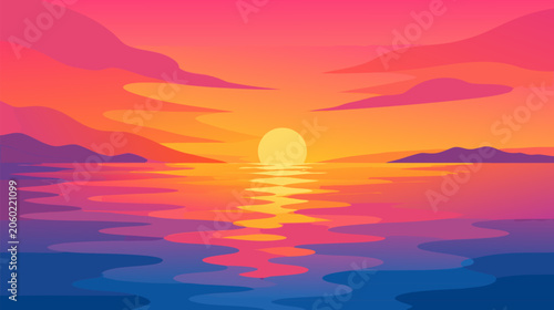 Beautiful abstract summer sunset landscape over a calm ocean horizon in a flat vector illustration style, featuring a glowing sun and peaceful sea waves for travel and vacation backgrounds.