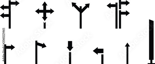 Directional Arrow Sign Collection with Roadway Wayfinding Symbols and Navigation Indicators for Traffic, Mapping, and User Interface Designs