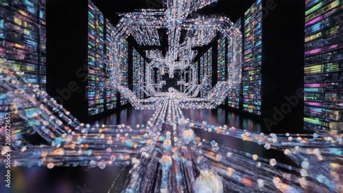 Data Orbs Flowing Through a Luminous Digital Server Matrix, Abstract Technology Visualization