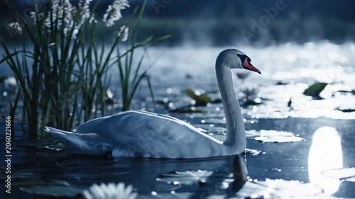 Elegant White Swan Glides Gracefully on Calm Water Amidst Reeds and Waterlilies