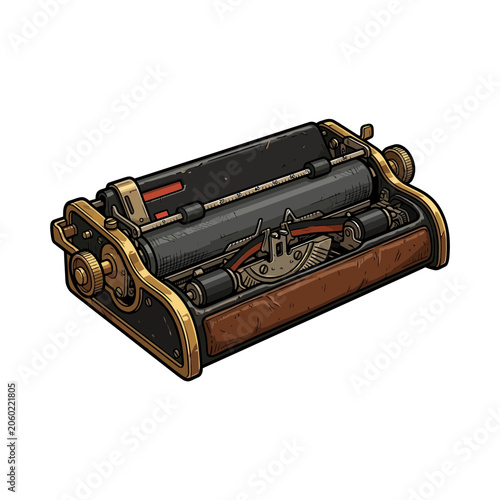 Fotografie Antique Typewriter Machine Featuring Black Metal Body, Brass Trim, Wooden Side P