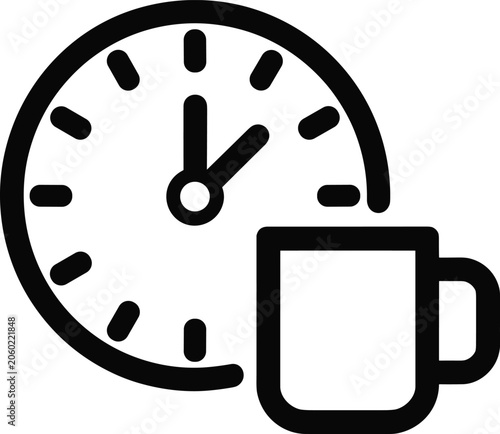 Coffee Break Time Icon with Clock and Mug Symbol Representing Work Pause, Refreshment, Productivity, and Daily Routine Concepts