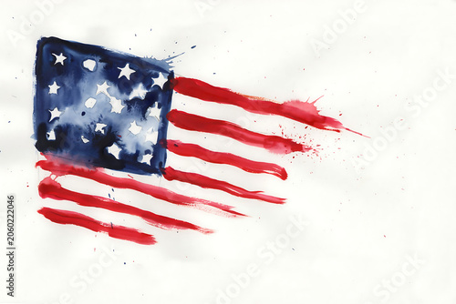 Abstract watercolor American flag painting with dynamic paint splatters and vibrant patriotic colors on white background.