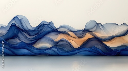 Abstract, flowing fabric art in blues and tan