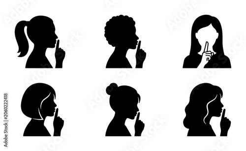 Foto Diverse Female Silhouettes, Shushing Gesture Icons, Secretive Women Profiles, Qu