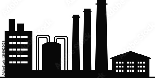 Industrial Factory Silhouette with Manufacturing Plant Buildings, Storage Tanks, and Smokestacks for Industry, Production, and Infrastructure Designs
