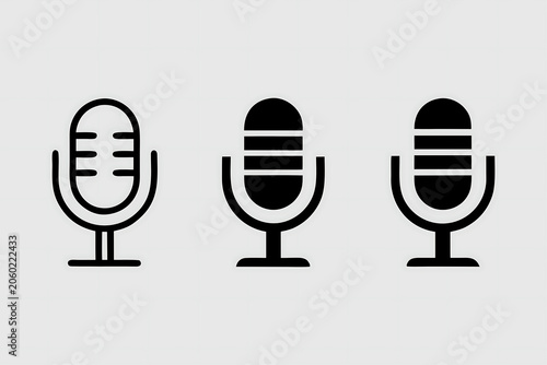 Minimalist microphone vector icon set featuring three black linear and solid podcast mic designs. 