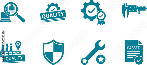 Foto Set of quality assurance and inspection icons featuring magnifying glass factory