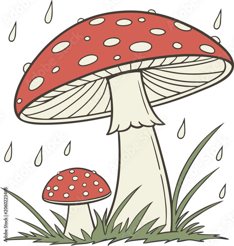 Forest Mushroom with Falling Rain Drops.