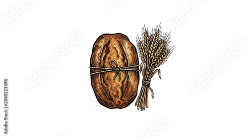 Bild auf Leinwand Hand Drawn Artisan Bread Loaf Tied With Rope Beside A Bundled Wheat Sheaf, Showi