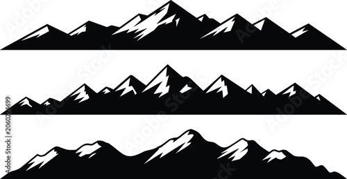Mountain Range Silhouette Collection with Snow Capped Peaks and Alpine Landscape Elements for Adventure, Nature, and Travel Designs