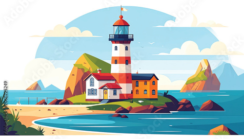 Colorful lighthouse on rocky coastline.