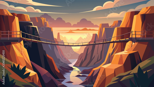 Canvastavla Suspension bridge spanning a grand canyon during a warm sunset with dramatic clo