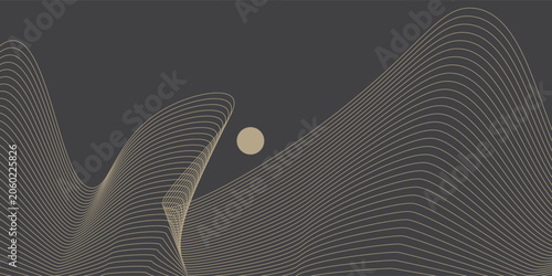 Vector abstract art landscape mountain with birds and sunrise sunset by golden line art texture isolated on dark grey black background. Minimal luxury style for wallpaper, wall art decoration.
