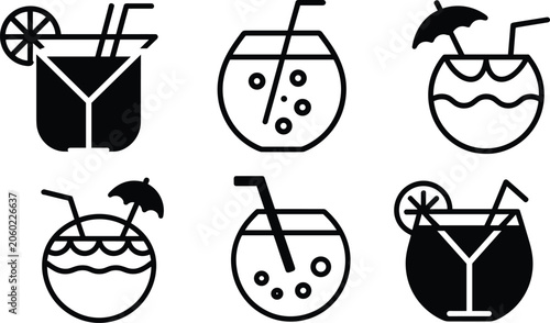 Foto Tropical cocktail and beverage outline icon set with lemon slices and umbrellas