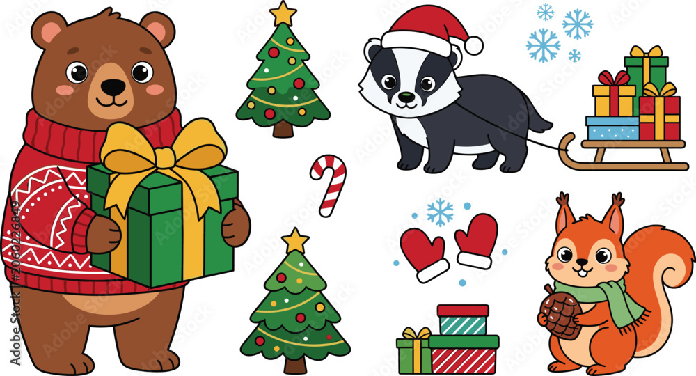 Naklejka premium Cute Cartoon Christmas Forest Animals Vector Illustration Set with Bear in Sweater Holding Gift, Badger Pulling Sled, Squirrel, Pine Trees, and Mittens