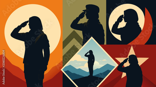 Military Veteran Saluting Silhouette in Front of American Flag Flat Vector Illustration Honoring Brave Soldiers Service and Sacrifice for Veterans Day Memorial Day or Patriotic Celebrations
