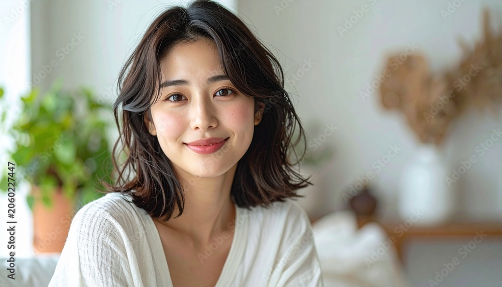 Obraz premium 清楚で可愛らしい日本人女性の美容ポートレート 白背景のナチュラルスキンケアイメージ