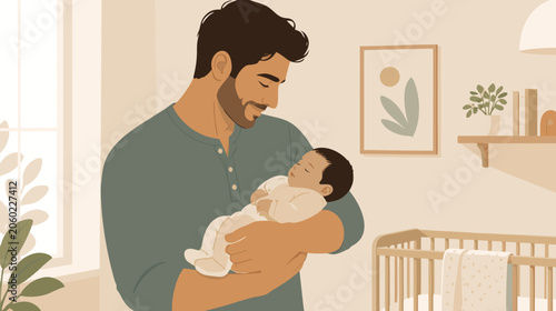 Loving father holding his newborn baby gently in a tender embrace. Heartwarming illustration of paternal love, new parenthood journey, and emotional connection between dad and infant child.