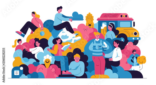 Diverse people group, abstract shapes, bus, teamwork, community, vibrant colors, illustration