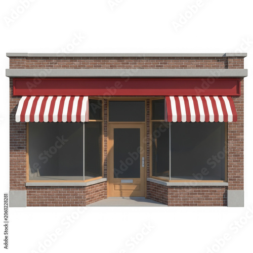 Storefront with red and white striped awning