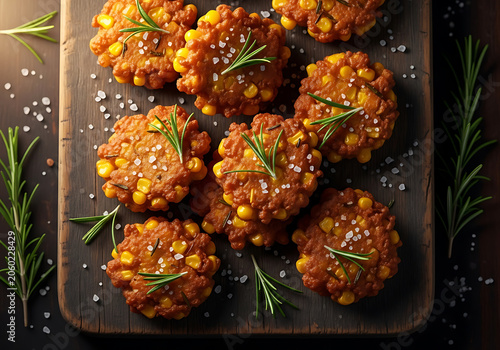 Golden brown corn fritters, seasoned with rosemary and sea salt, arranged artfully on a rustic wooden board.