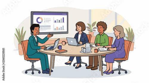A group of people in business attire sitting around a table with laptops and a large screen