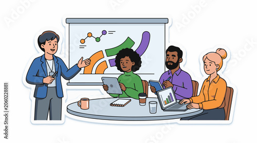 A group of people in business attire sitting around a table with a projector screen (2)
