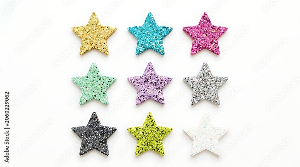 Obraz premium Colorful Glitter Star Collection with Sparkling Metallic Texture and Festive Decorative Design