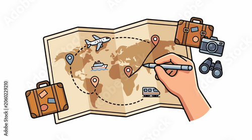 A hand drawing a travel route on a world map with luggage and transportation icons