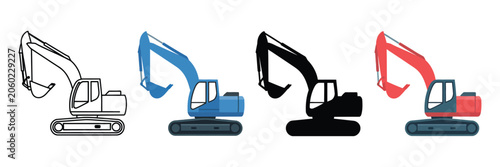 Cuadro en lienzo Excavator construction vehicle icons featuring line art, blue, black silhouette, and red flat styles for engineering, excavation, and heavy equipment projects