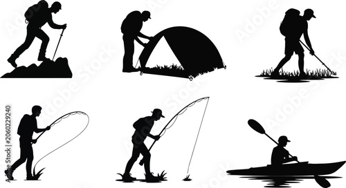 Obraz na plátně Outdoor adventure silhouettes showing hiking, camping, fishing, kayaking, and me