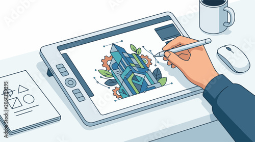 A hand creates a futuristic illustration on a graphics tablet