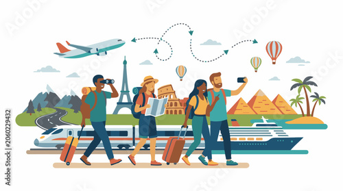 A group of travelers with luggage walking in front of various tourist attractions